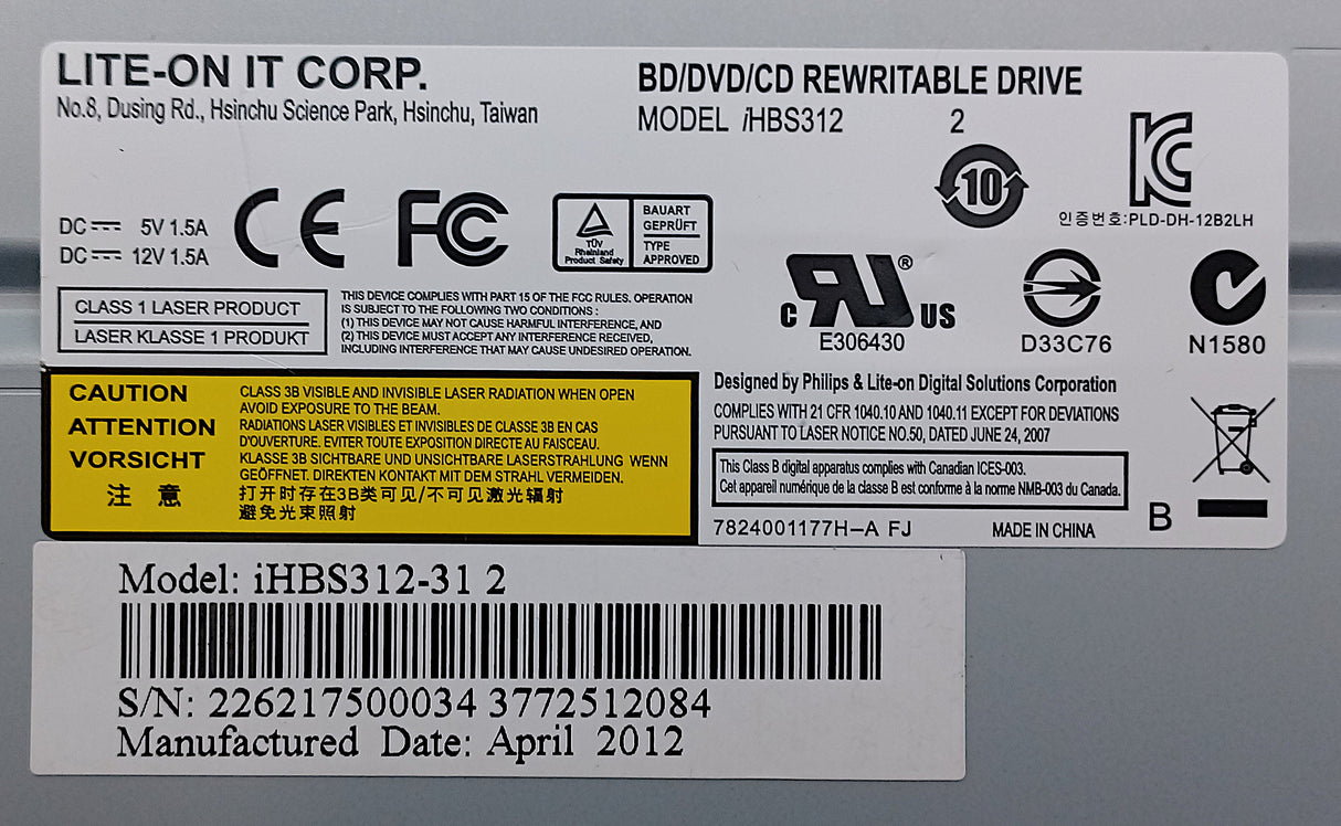 Lite-On iHBS312 SATA 5.25" Internal BD/DVD/CD Rewriteable Drive