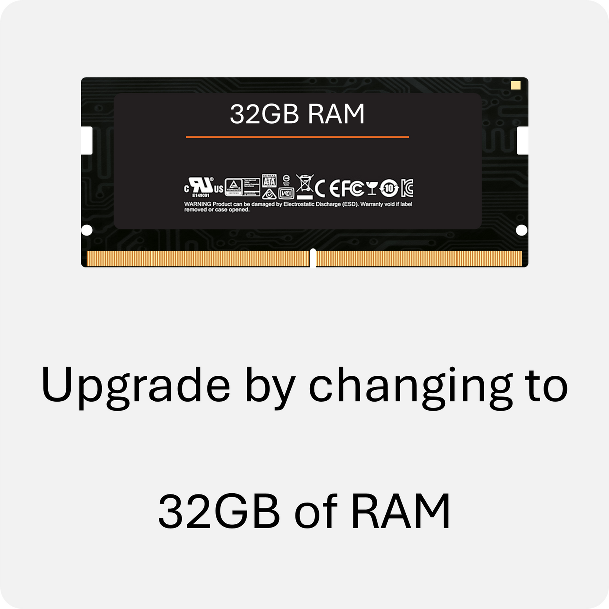 A 32GB RAM module designed for use with laptops and desktops, displaying its capacity and upgrade information.