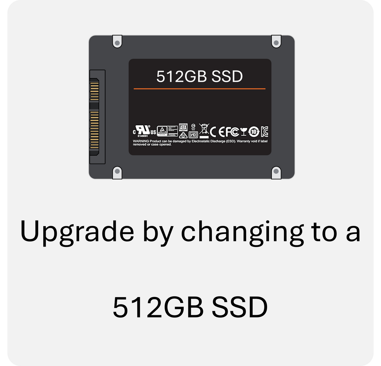 An image of a 512GB SSD with the text 'Upgrade by changing to a 512GB SSD' displayed prominently.