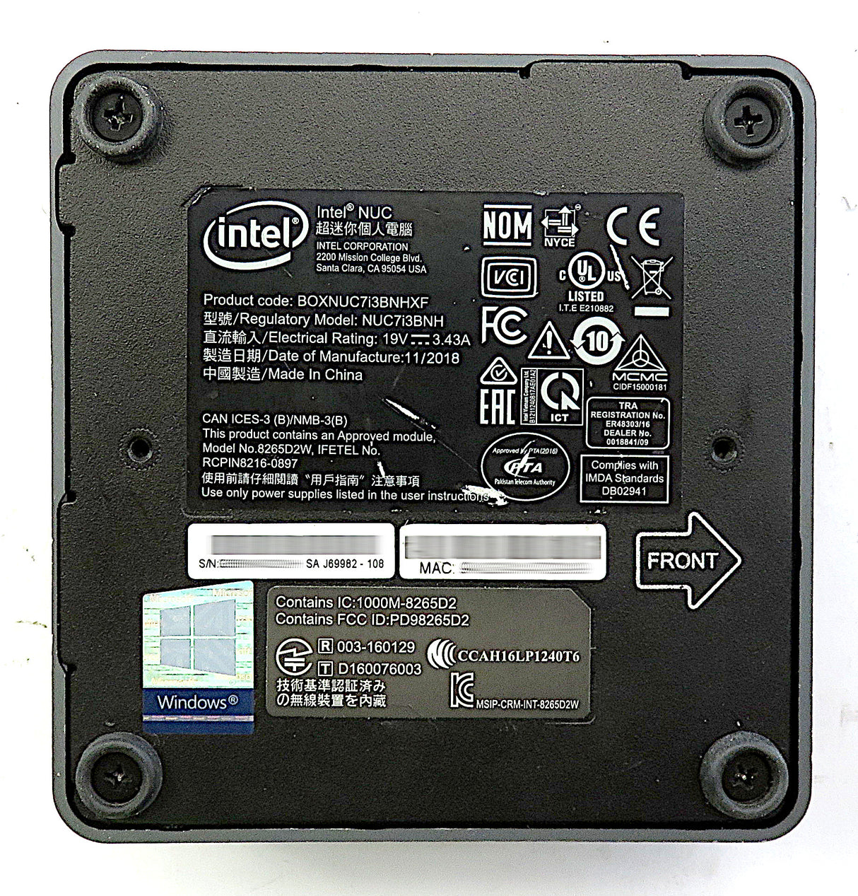 Intel NUC7i3BNH PC, Core i3 7e génération, 16 Go de RAM, 256 Go NVMe
