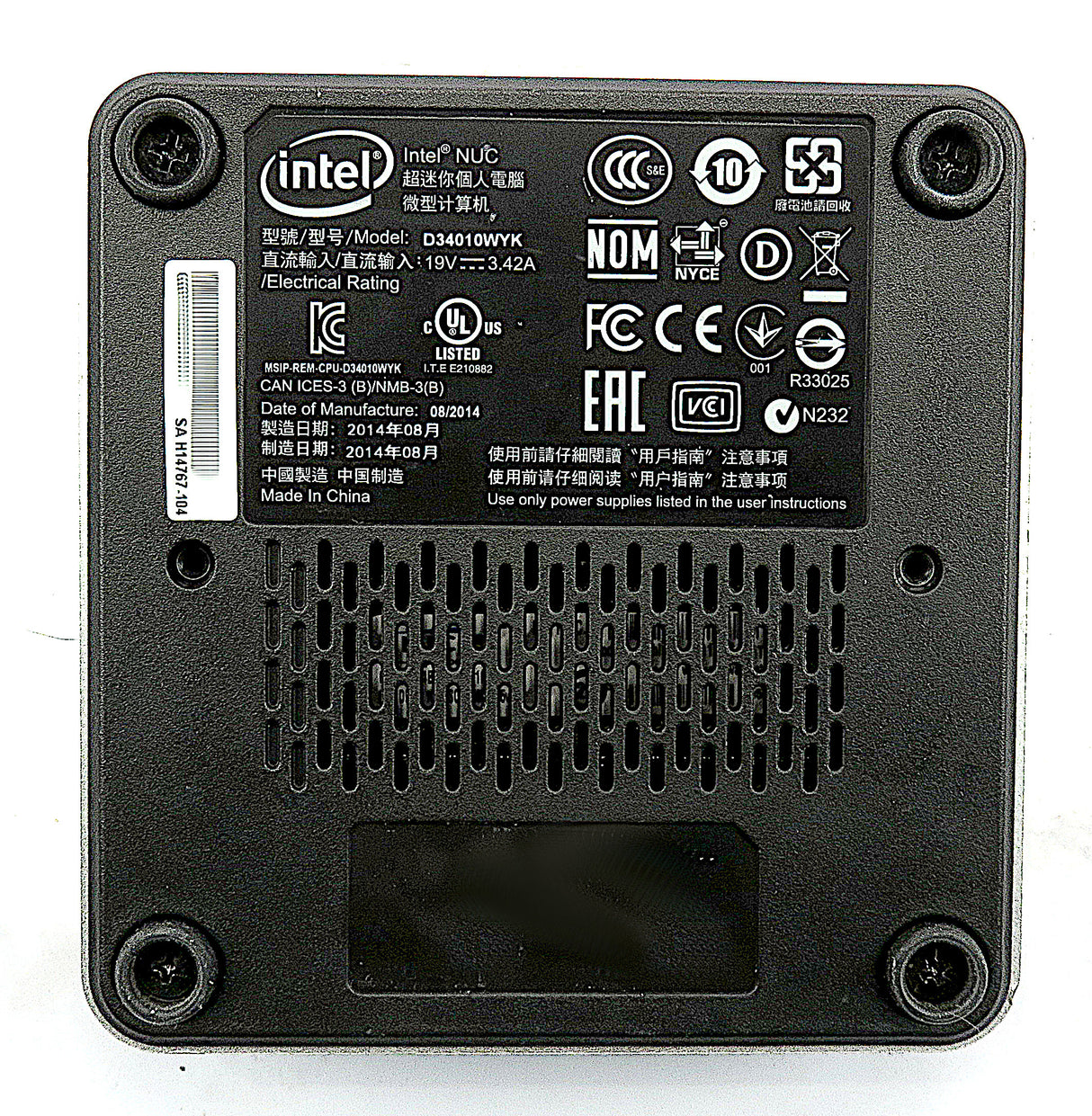 Mini PC Intel NUC D34010WYK, Core i3 de 4e génération, 8 Go de RAM, SSD mSATA 120 Go, Wi-Fi+BT