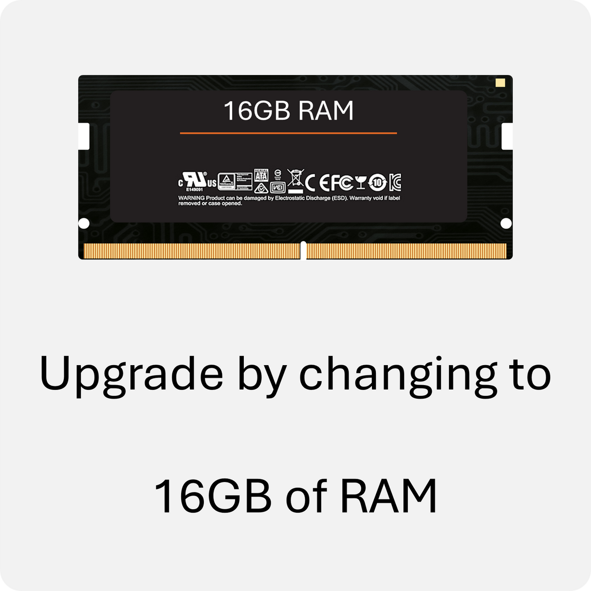 A 16GB RAM module for laptops and desktops, with text highlighting the upgrade feature.