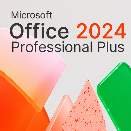 Microsoft Office 2024 Professional Plus software cover graphic with large black and orange text on a light gray background and abstract colorful geometric shapes in pink, orange, peach, and green.