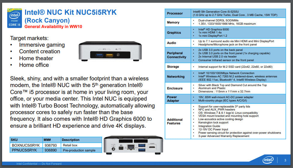 Intel NUC5i3RYK NUC PC: Core i3-5010U, 8GB RAM, 256GB SSD, WiFi+BT, Windows 10